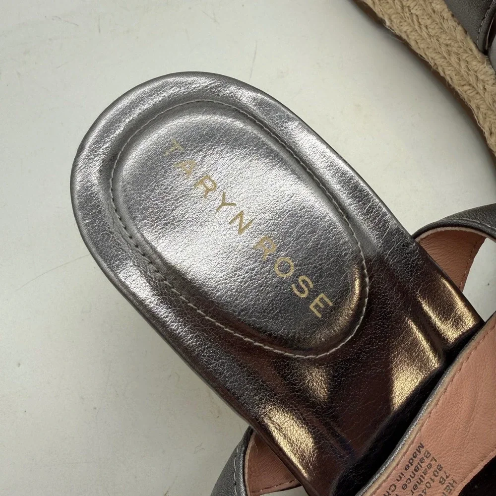 Taryn Rose Henriette Gunmetal Silver Leather Rosette Espadrille Wedge Sandals 7B